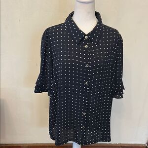 Tommy Hilfiger Navy White  Dot button front sheer Blouse Size XL EUC